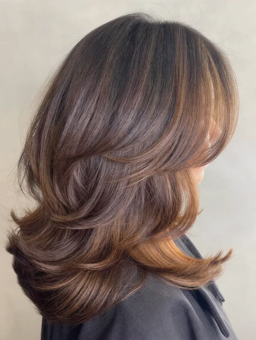 Voluminous Chestnut Brown Layered Cut with Golden Highlights